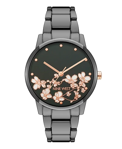Nine West Women's Quartz Dark Gray Alloy Link Bracelet and Floral Pattern Watch, 35mm