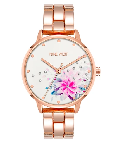 Nine West Women's Quartz Rose Gold-Tone Alloy Link Bracelet and Floral Pattern Watch, 36mm