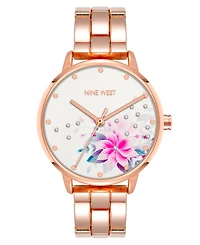 Nine West Women's Quartz Rose Gold-Tone Alloy Link Bracelet and Floral Pattern Watch, 36mm
