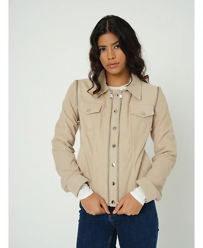 Furniq Uk Women's Detachable Sleeves Suede Biker Jacket and Waistcoat, Beige