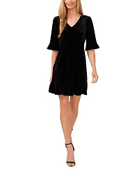 CeCe Women's Velvet 3/4-Sleeve Ruffle Trim Shift Dress