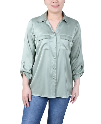 Ny Collection Women's 3/4 Sleeve Roll Tab Satin Blouse