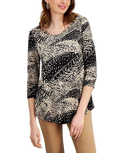 Jm Collection Women's Printed Scoop-Neck 3/4-Sleeve Top, Created for Macy's