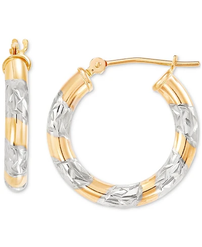 Textured Two-Tone Tube Small Hoop Earrings in 14k Gold, (3/4")