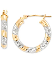 Textured Two-Tone Tube Small Hoop Earrings in 14k Gold, (3/4")