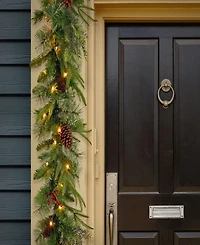 National Tree Company 9' x 10" Feel Real(R) Colonial Garland with 15 Pine Cones, 15 Red Berries and 50 Dual Color(R) Battery Operated Led Lights with