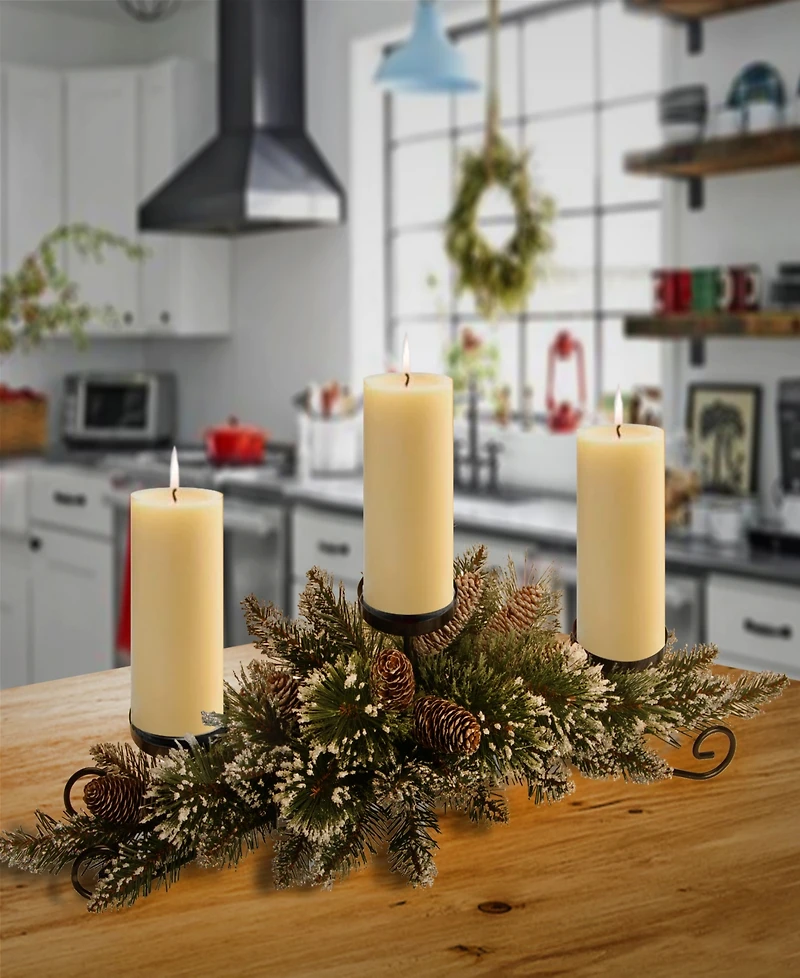 National Tree Company 30" Glittery Bristle Pine Centerpiece w/3 Candle Holders & 6 White Tipped Cones