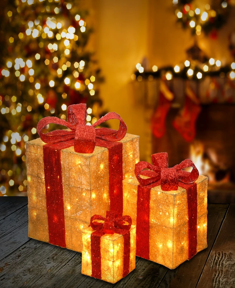 National Tree Company 6", 10" & 14" Assorted Gold Sisal Gift Boxes wwith Clear Lights
