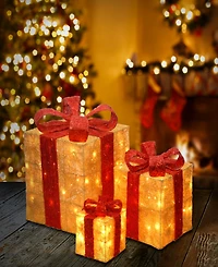 National Tree Company 6", 10" & 14" Assorted Gold Sisal Gift Boxes wwith Clear Lights