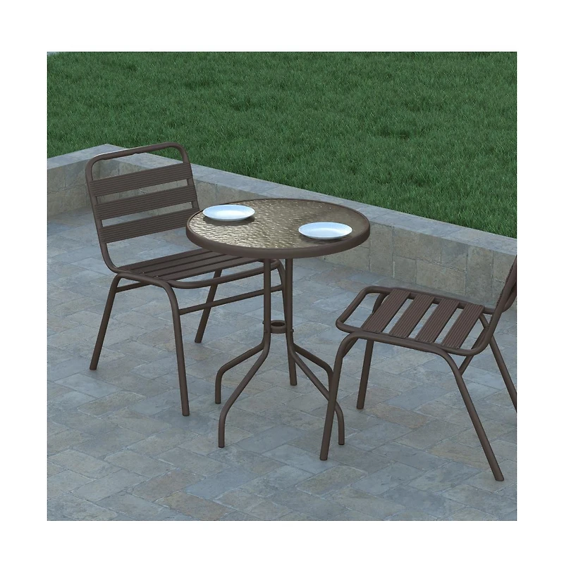 23.75" Round Tempered Glass Metal Table With Smooth Ripple Design Top