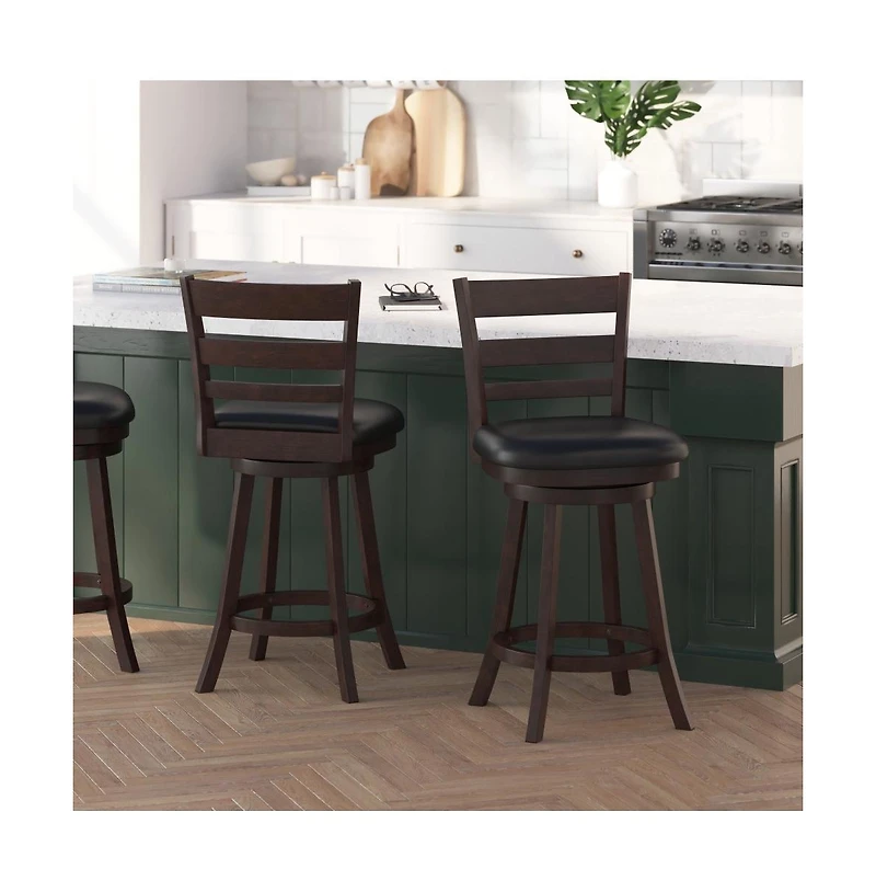 Silla 24" Classic Wooden Ladderback Swivel Counter Height Stool With Upholstered Padded Seat And Integrated Footrest