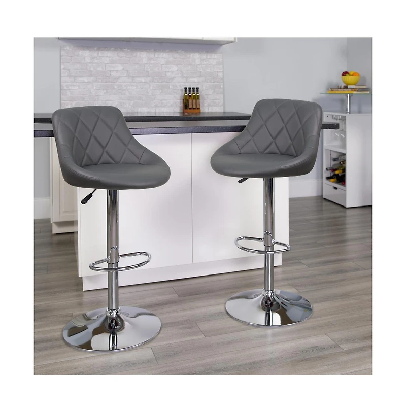 2 Pack Contemporary Vinyl Bucket Seat Adjustable Height Barstool With Diamond Pattern Back And Chrome Base
