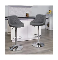 2 Pack Contemporary Vinyl Bucket Seat Adjustable Height Barstool With Diamond Pattern Back And Chrome Base
