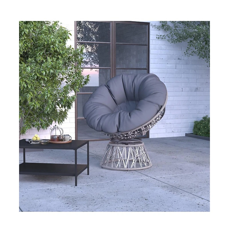 Papasan Style Woven Wicker Swivel Patio Chair With Removable All-Weather Cushion