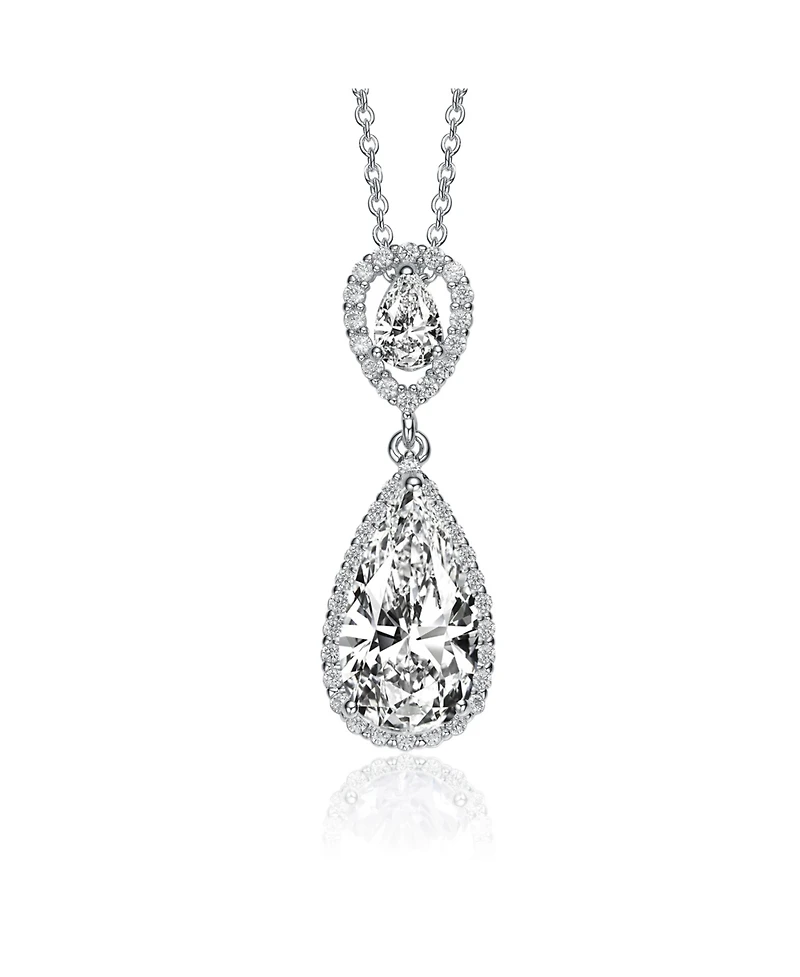 Genevive Sterling Silver with White Gold Plated Two Clear Pear Round Cubic Zirconia Halo Pendant