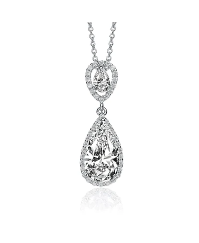 Genevive Sterling Silver with White Gold Plated Two Clear Pear Round Cubic Zirconia Halo Pendant
