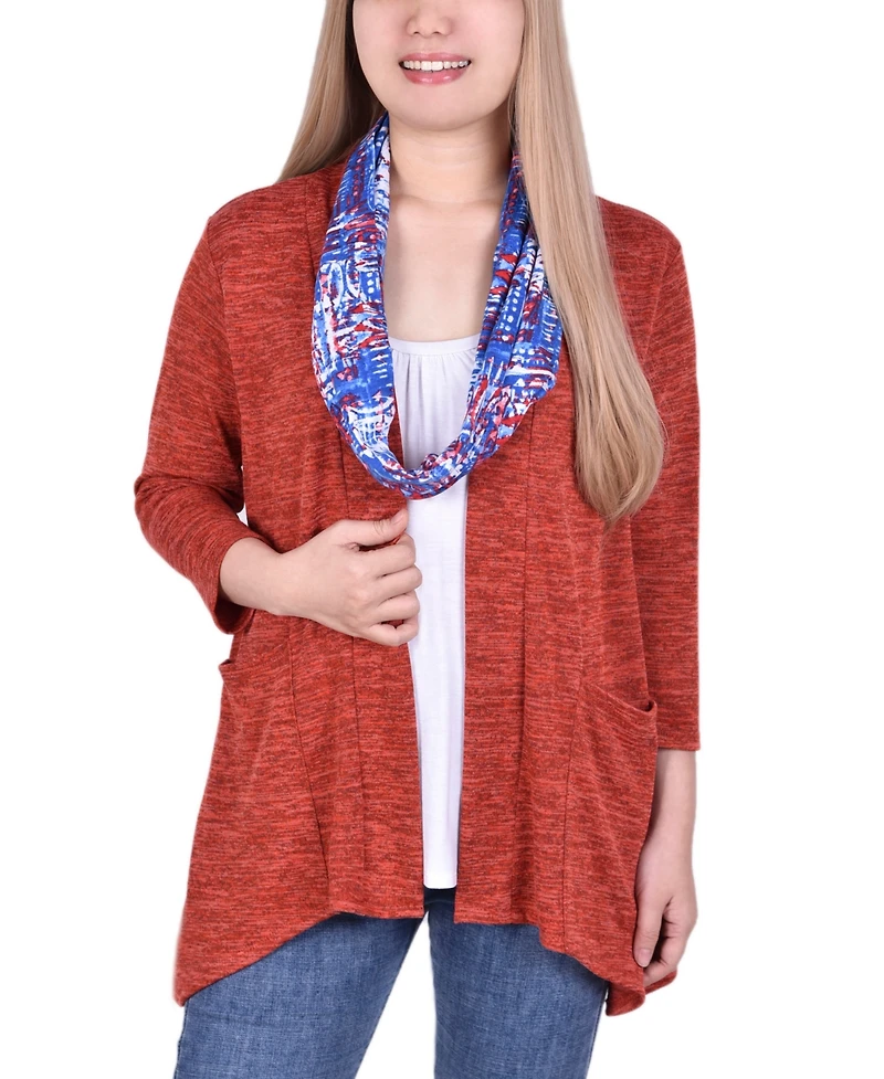 Ny Collection Petite 3-Fer Cardigan with Tank and Scarf Top