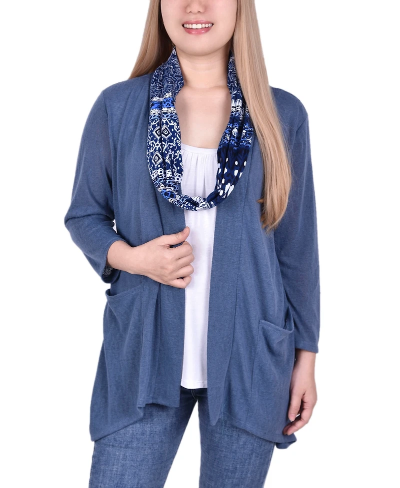 Ny Collection Petite 3-Fer Cardigan with Tank and Scarf Top