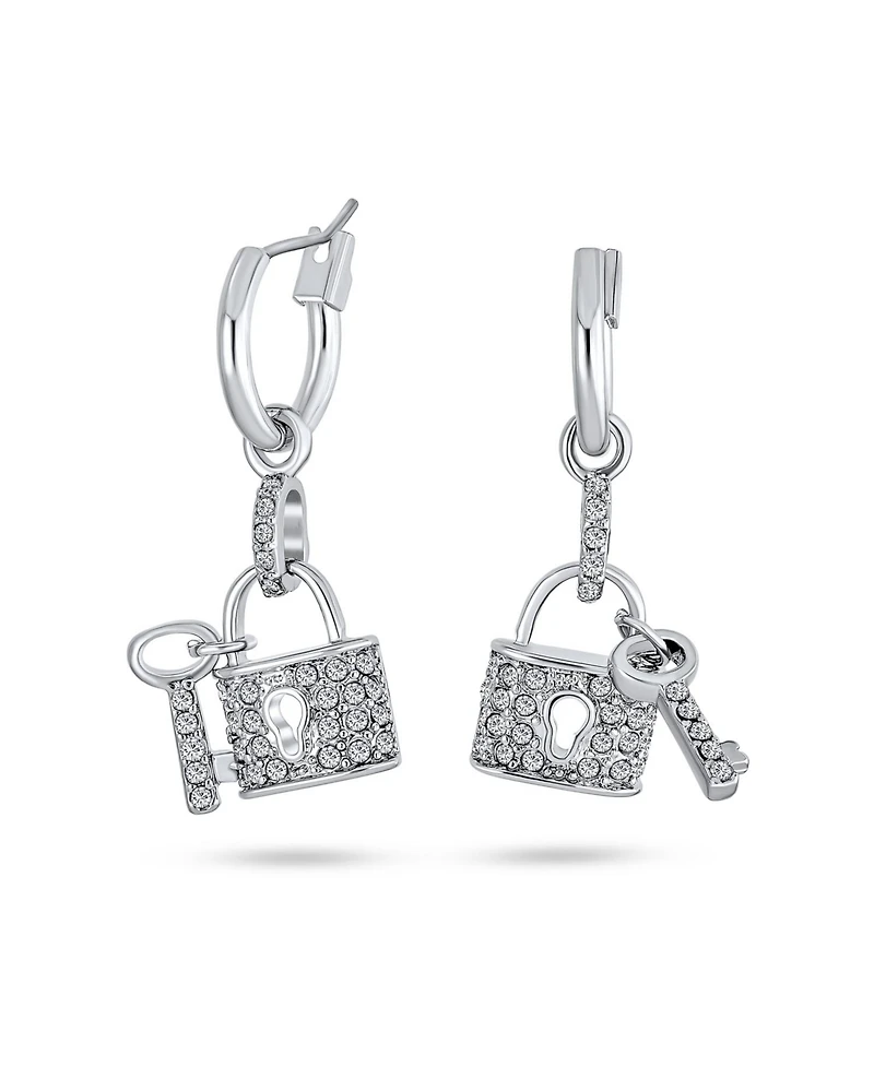 Bling Jewelry Pave Crystal Lock And Key Charm Dangle Earrings Couples Rhodium Plated Brass