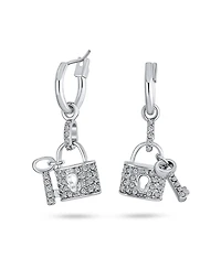 Bling Jewelry Pave Crystal Lock And Key Charm Dangle Earrings Couples Rhodium Plated Brass