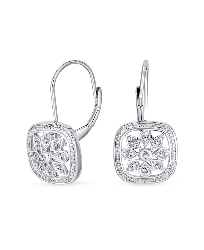 Bling Jewelry Square Art Deco Style Holiday Party Flower Christmas Winter Cubic Zirconia Encrusted Cz Snowflake Drop Lever Back Earrings Sterling Silv