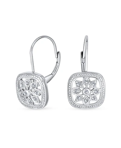 Bling Jewelry Square Art Deco Style Holiday Party Flower Christmas Winter Cubic Zirconia Encrusted Cz Snowflake Drop Lever Back Earrings Sterling Silv