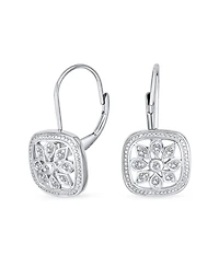 Bling Jewelry Square Art Deco Style Holiday Party Flower Christmas Winter Cubic Zirconia Encrusted Cz Snowflake Drop Lever Back Earrings Sterling Silv