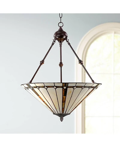 Robert Louis Tiffany Bronze Pendant Chandelier 20" Wide Tiffany Style Gold Texture Ivory Stained Glass Dining Room House Kitchen