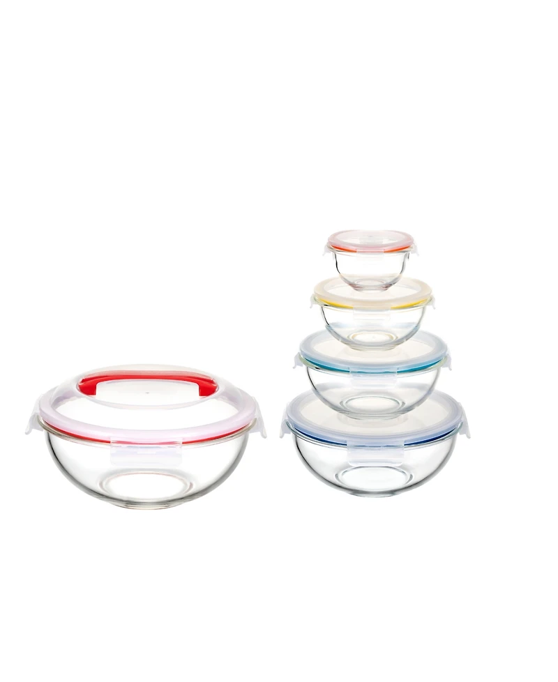 Genicook 5 Pc Container Nesting Borosilicate Glass Mixing Bowl Set with Locking Lids and Carry Handle