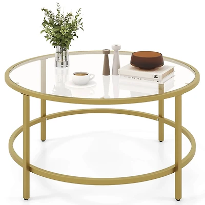 36'' Round Coffee Table Tempered Glass Tabletop Metal Frame Living Room