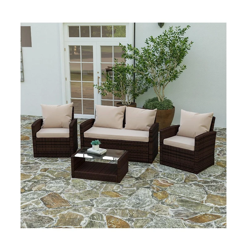 Atlas 4 Piece Patio Set Contemporary Loveseat, 2 Chair And Coffee Table With Back Pillows Seat Cushions