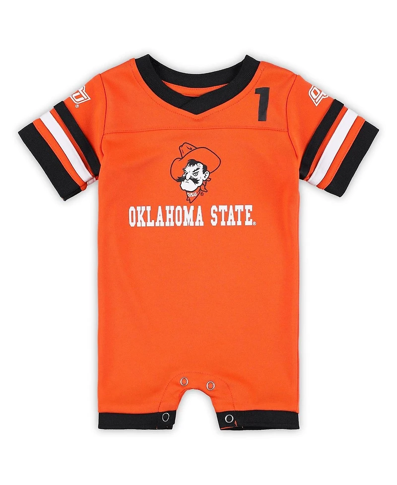 Newborn and Infant Boys Girls Colosseum Orange Oklahoma State Cowboys Bumpo Football Logo Romper