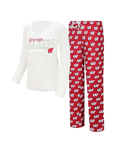 Women's Concepts Sport White, Red Wisconsin Badgers Long Sleeve V-Neck T-shirt and Gauge Pants Sleep Set