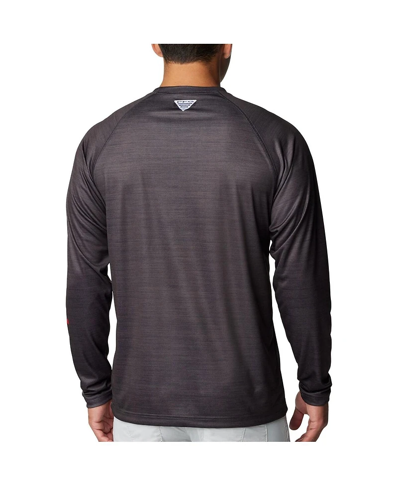 Men's Columbia Heather Charcoal Nebraska Huskers Pfg Terminal Tackle Omni-Shade Raglan Long Sleeve T-shirt