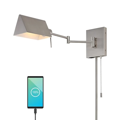 Arlo Farmhouse Industrial Single Swing Arm Plug Or Hardwired Iron Led Wall Sconce with Pull Chain