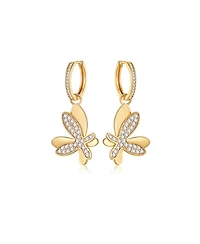 Pave Butterfly Dangle Drop Hoop Earrings