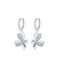 Pave Butterfly Dangle Drop Hoop Earrings