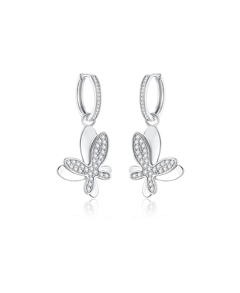 Pave Butterfly Dangle Drop Hoop Earrings