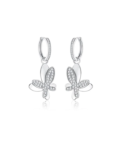 Pave Butterfly Dangle Drop Hoop Earrings