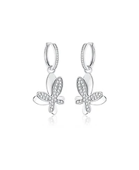 Pave Butterfly Dangle Drop Hoop Earrings