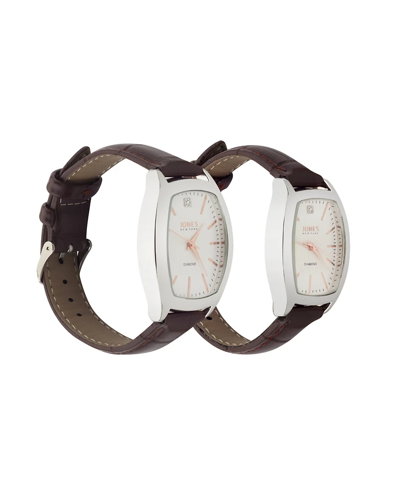 Jones New York Men and Women's Analog Brown Croc Polyurethane Leather Strap His Hers Watch 35mm, 27mm Gift Set