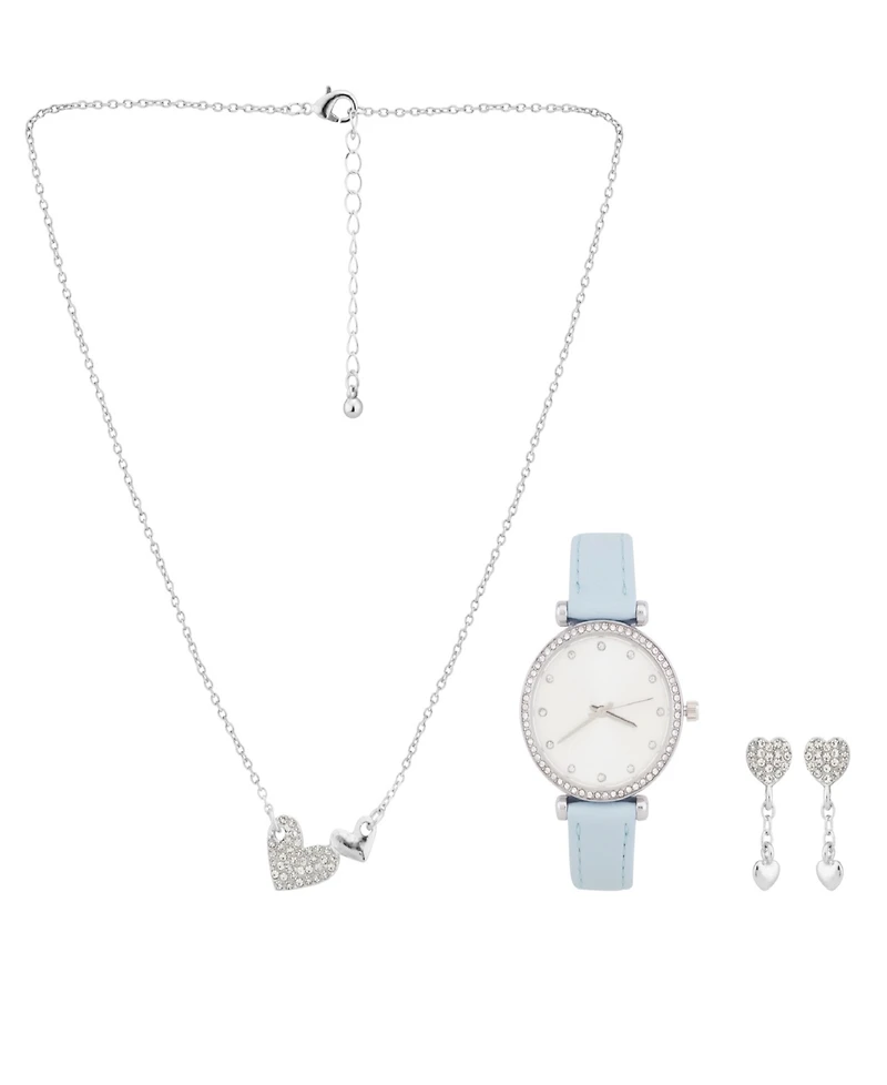 Jessica Carlyle Women's Analog Light Blue Polyurethane Leather Strap Watch 33mm with Necklace Earring Set