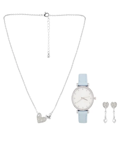 Jessica Carlyle Women's Analog Light Blue Polyurethane Leather Strap Watch 33mm with Necklace Earring Set