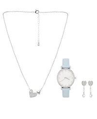 Jessica Carlyle Women's Analog Light Blue Polyurethane Leather Strap Watch 33mm with Necklace Earring Set