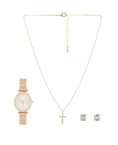 Jessica Carlyle Women's Analog Shiny Gold-Tone Metal Bracelet Watch 34mm with Necklace Earring Set