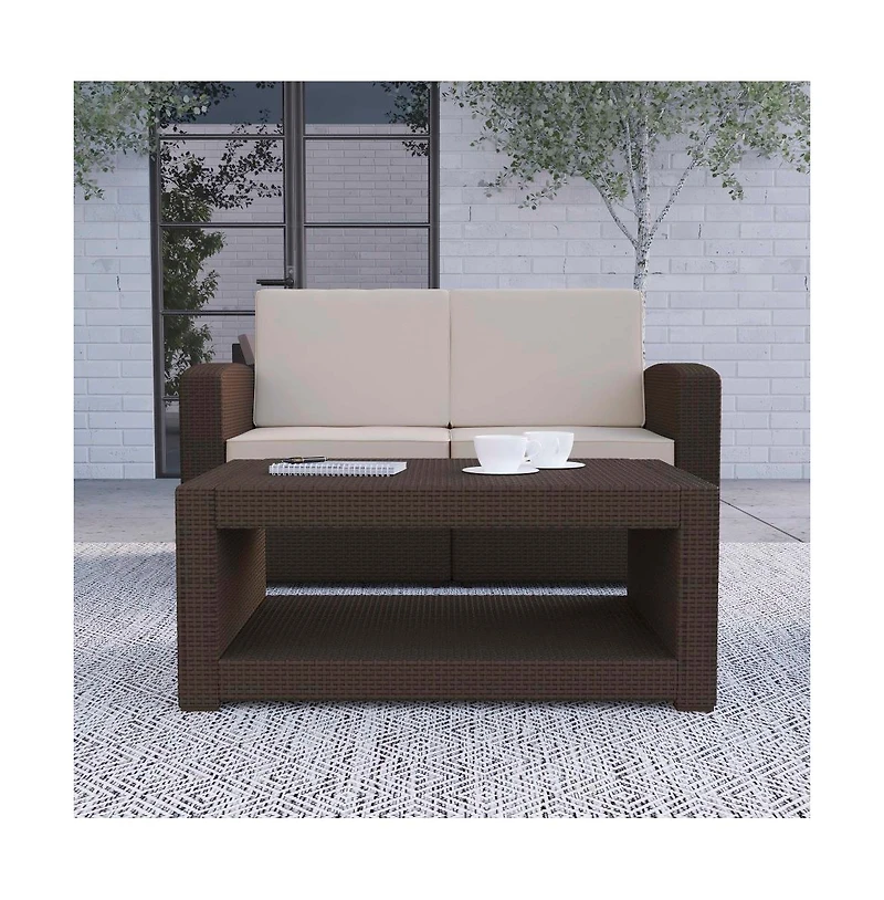 Malmok Outdoor Furniture Coffee Table Faux Rattan Wicker Pattern All-Weather Patio Coffee Table With Shelving