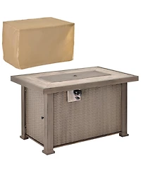 Outsunny 42" Propane Fire Pit Table, 50,000 Btu Wicker-effect Auto-Ignition Gas Fireplace Fire Pits with Ceramic Tabletop, Steel Base, Lid, Lava Rocks