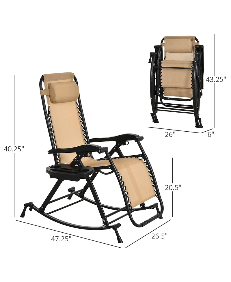 Outsunny Zero Gravity Reclining Rocking Chair, Lounge Rocker, Folding, Pillow, Side Tray, Cup and Phone Holder