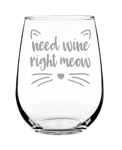 Bevvee Need Wine Right Meow Funny Cat Gifts Stem Less Wine Glass, 17 oz
