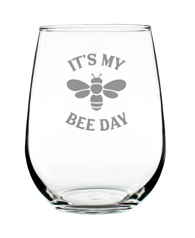 Bevvee Bee Day Happy Birthday Gifts Stem Less Wine Glass, 17 oz